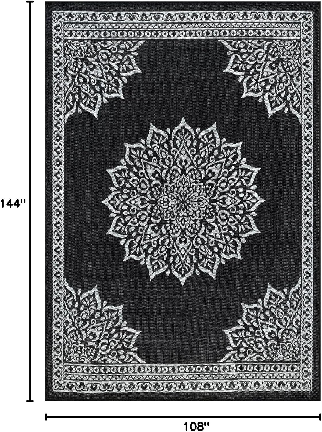 CAMILSON Outdoor Rug, 9x12 Medallion Black White Modern Area Rugs for Large Indoor and Outdoor Patios, Kitchen and Hallway Mats, Washable Porch Deck Outside Carpet (Medallion Black, 9 x 12)
