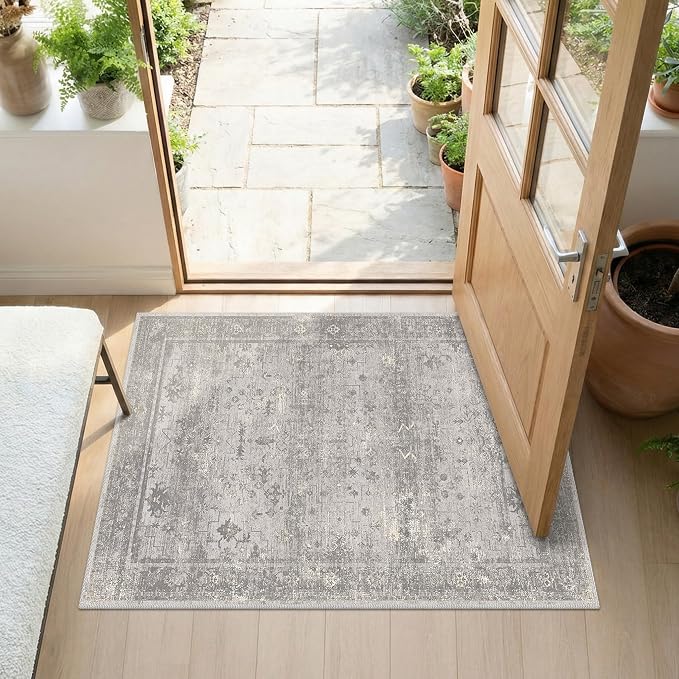 Washable 2x3 Entryway Rug, Non Slip Low Pile Small Area Rug for Front Door, Kitchen & Bathroom, Mineral-Inspired Marble Pattern Neutral Gray Floor Mat