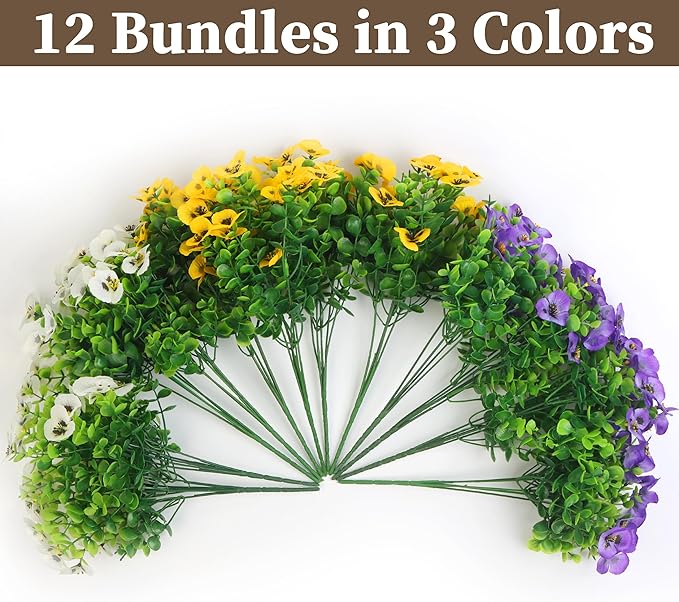 ColoPlay 12 Bundles Artificial Fake Pansy Flowers for Outdoor - Yellow, White & Purple Faux Pansies Flowers, Fake Flowers for Outdoor Planters, Porch, Garden, Window Boxes, and Home Decoration