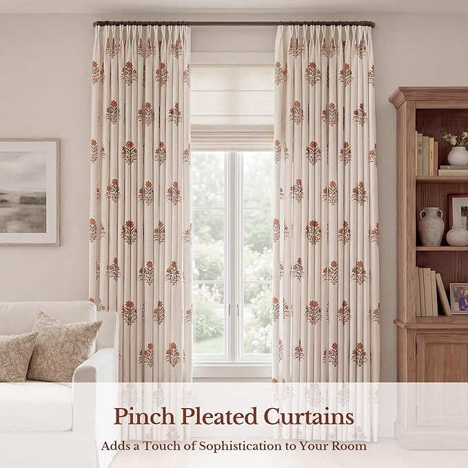 THREE GIRLS Pinch Pleated Curtains Light Filtering Red Floral Curtains for Living Room Bedroom Dining Room 90 Inches Luxury Linen Drapes Farmhouse Window Curtains with Hooks - 2 Panels Set, 40" x 90"