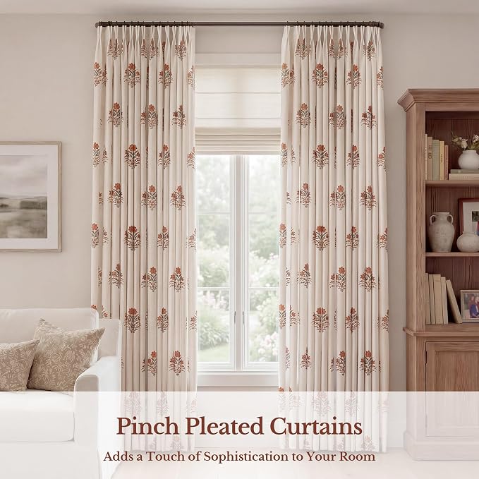 Pinch Pleated Curtains for Living Room: Light Filtering Floral Curtains 95" White Brown Linen Blend Drapes for Bedroom Dining Room Nursery, OEKO‑TEX Certified, Easy Care, 2 Panels Set, 40"x95"