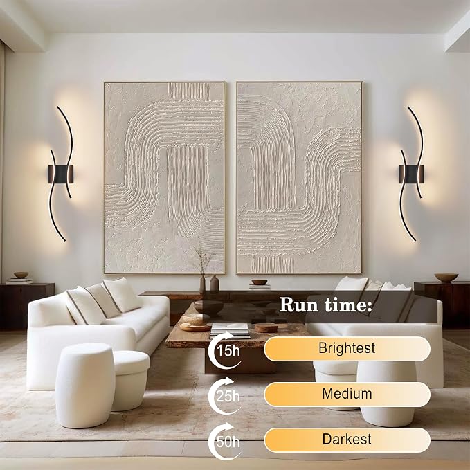 Battery Operated Wall Sconces Set of Two with Remote Control, Battery Wall Light, Stepless Colors 3000K-6000K & Dimming, Black Rechargeable Wall Sconces for Living Room, Hallway, Bedroom, 27.5 Inch