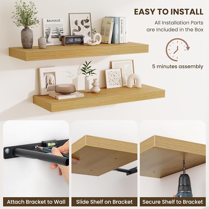 Fun Memories 12" Deep Floating Shelves for Wall, 36" W x 12" D Floating Shelves, Long Wood Floating Wall Shelf for Living Room Bathroom Bedroom Kitchen, Oak, Set of 2