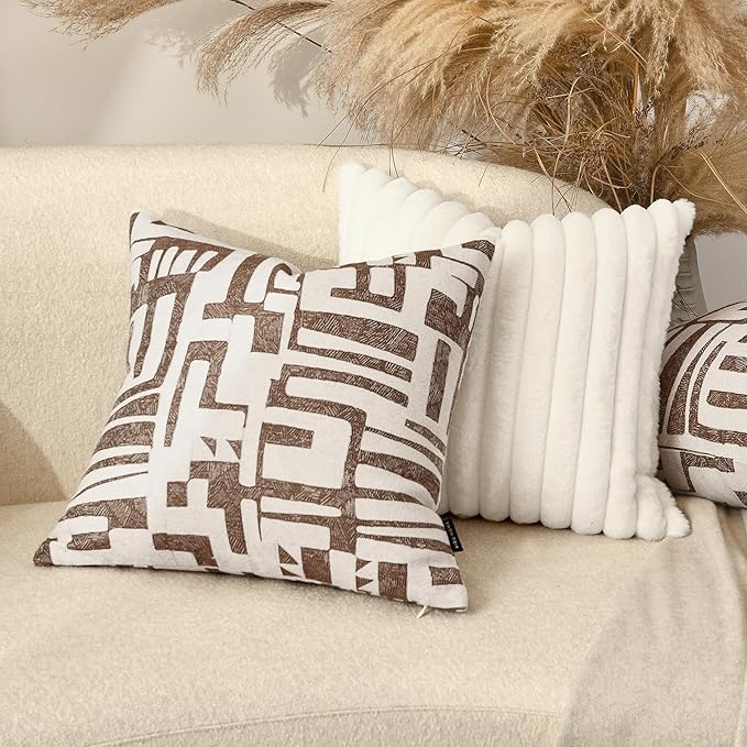 Throw Pillow Cover 20x20, Double Sided Geometric High Density Jacquard Pillow Covers for Sofa, Bed, Rattan Chair, Bedroom, Living Room(Brown)