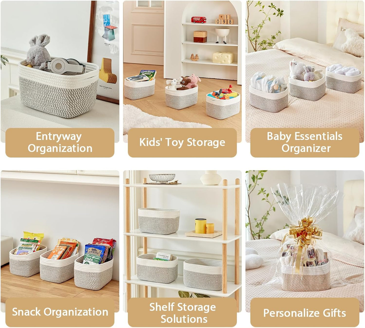 Small Cotton Rope Storage Basket Set of 3-11"x7"x7" Perfect Woven Baskets for Storage, Ideal Storage Baskets for Organizing Toys, Towels, and More - Baskets for Shelves（White & Mixed Grey）