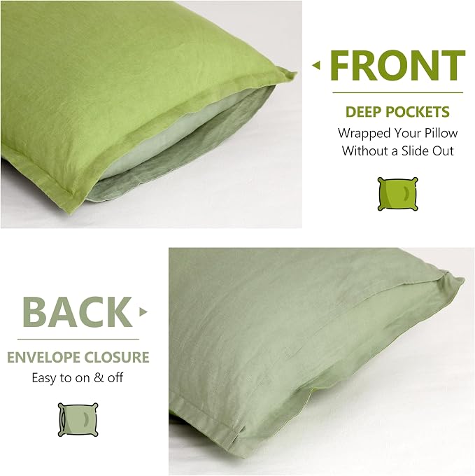 Linen World Linen Pillow Cases 20X40Inch Set of 2,100% French Natural Flax Pillowcase with Envelope Closure-Stone Washed Pillow Shams King Size,Lime Green&Sage Green