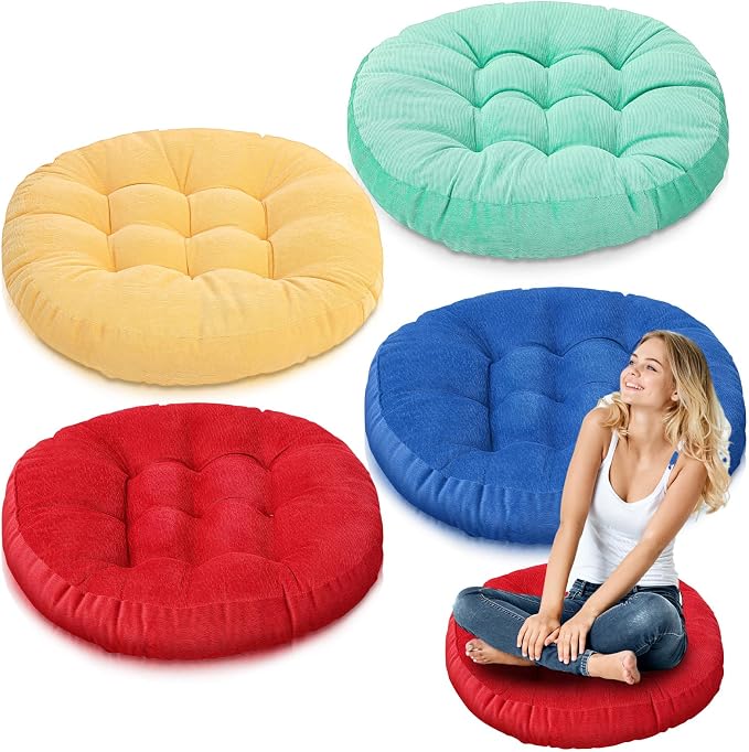 Jerify 4 Pcs Floor Pillow Cushions Large Round Square Large Meditation Floor Pillow for Classroom Adult Meditation Picnic Party Seating Learning Daycare School (Round,Colorful)