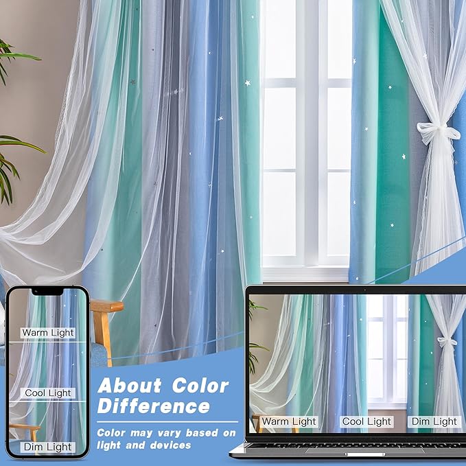 XiDi Curtains for Girls Bedroom Kids Room Unicorn Princess Theme Home Decor Room Darkening Grommet Window Curtains 63 Inches Length Blue Green Grey, W34 X L63 2 Panels