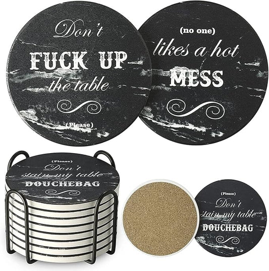 LIFVER White Elephant for Adults, Funny Coasters Set of 8 Black Marble Style Absorbent Drink Coasters with Cork Base, Ideal for Living Room Decor, Gag Gifts for Men