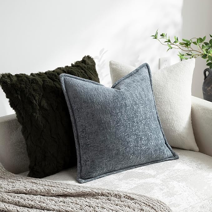 DEZENE Pack of 2 Dusty Blue Decorative Throw Pillow Covers 22x22 Cozy Soft Chenille Accent Vintage Square Couch Pillow Covers for Home Decor Bed Sofa Living Room