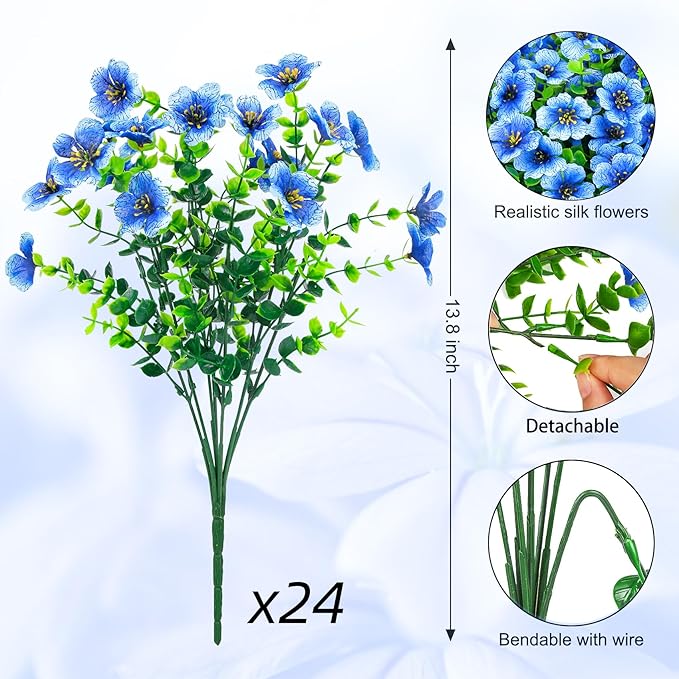 Ouddy Decor 24 Bundles Artificial Flowers for Outdoors Fake Silk Flowers UV Resistant Faux Plastic Plants for Spring Summer Garden Porch Window Box Table Vase Home Indoor Outdoor Decoration, Blue