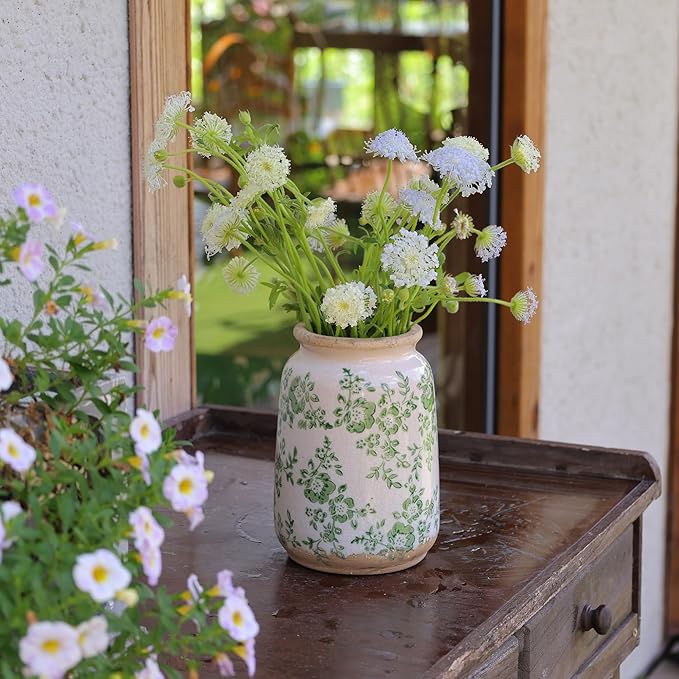 Ronasip Vintage Blue and White Chinoiserie Ceramic Vase, 6.9” Hand-Painted Peony Floral Design, Antique Style Vases for Home Decor, Centerpieces, Living Room, Balcony (Green and White)