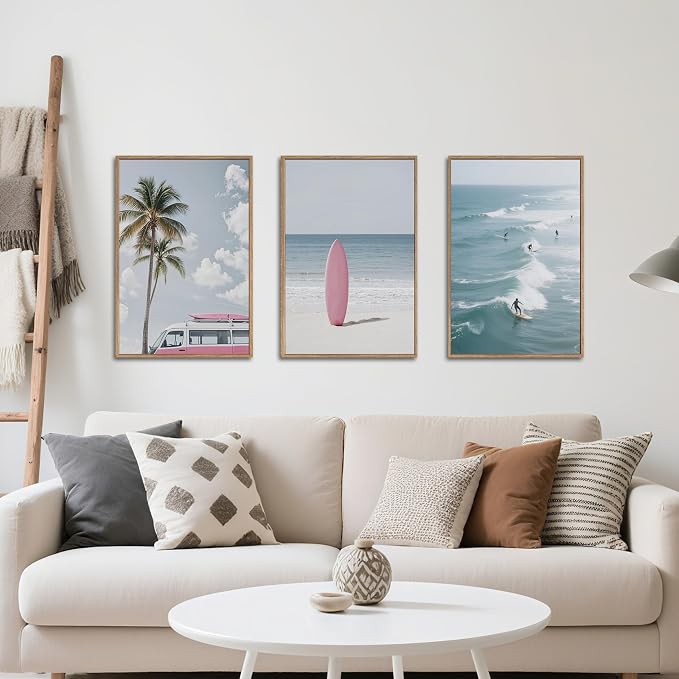 SIKERIC Large Beach Seascape Framed Canvas Wall Art Set of 3, Palm Tree Surfboard Wall Decor, Relax Summer Ocean Surfing Artwork, Modern Coastal Landscapel Art Print for Living Room, Bedroom -24x36
