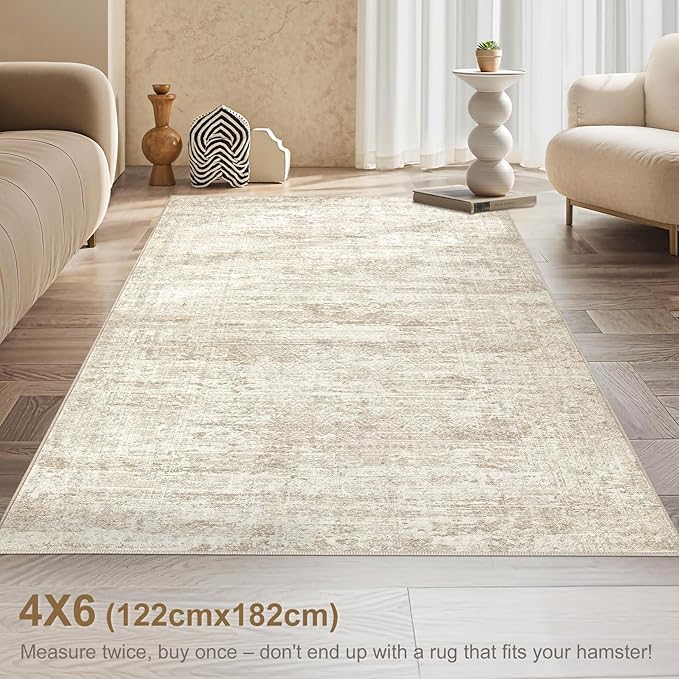 UERMEI 4x6 Area Rug Living Room Rugs - Washable Neutral Modern Abstract Soft Thin Rug Indoor Floor No Slip Rug Carpet for Bedroom Under Dining Table Home Office Decor - Beige/Brown