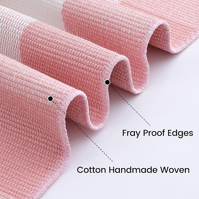 OLANLY Buffalo Plaid Rug 2' x 4'3" – Pink and White Cotton Checkered Doormat, Washable Indoor Outdoor Rug for Layered Front Porch, Kitchen, Entryway Decor