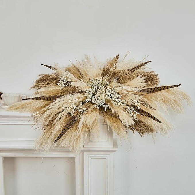 Natural Boho Pampas Grass Wall Hanging Decor - 35" Tall Dried Flowers for Home, Wedding, Rustic Farmhouse Decor