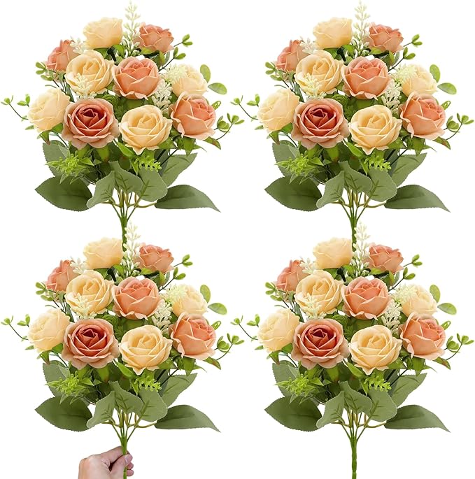 TURNMEON 40 Heads Fake Roses Artificial Flowers for Outdoors, 4 Bouquets UV Resistant Fake Flower Bouquet Faux Silk Roses for Wedding Birthday Home Mother's Day Cemetery Summer Decor(Vintage Coffee)