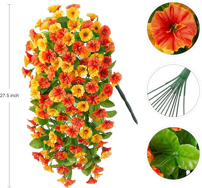 INXUGAO Artificial Fake Hanging Flowers Plants for Outdoor Decoration, 2PCS Faux Silk Morning Glory Long Vines Stems UV Resistant Look Real for Spring Summer Outside Home Porch Patio, Orange Yellow