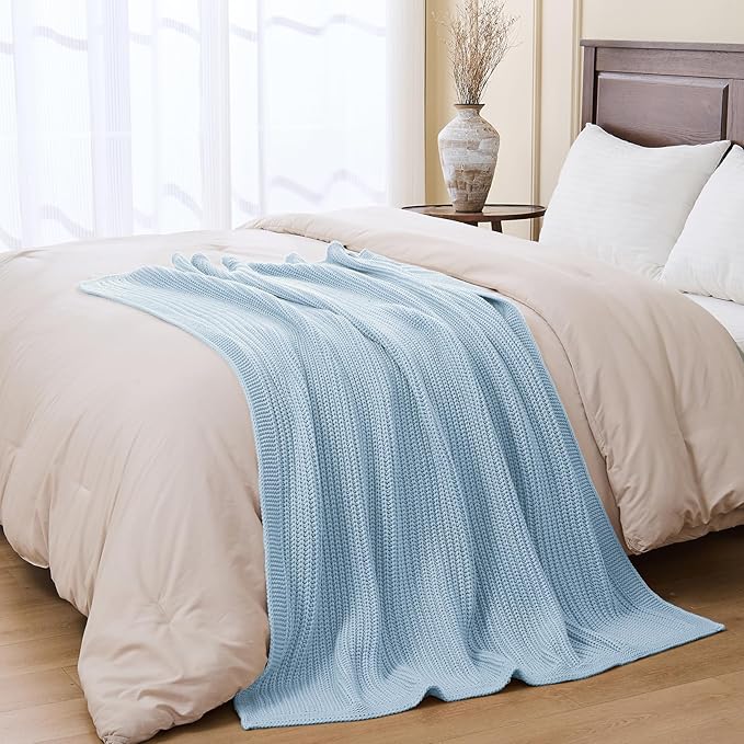 Chunky Knit Blue Throw Blanket for Couch Soft Cozy Thick Cable Knitted Throw Blankets for Sofa Bed Cute Decorative Throw Blanket for Living Room,50"x 60",Light Blue