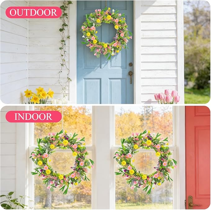 20 Inch Artificial Spring Wreath Handmade Wildflower Daisy Lavender Wreath Colorful Spring Wreath for Front Door Home Wall Porch Farmhouse