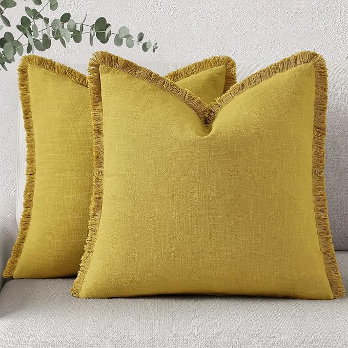 decorUhome Summer Decorative Neutral Linen Fringe Euro Sham Throw Pillow Covers Set of 2 Mustard Yellow Pillow Covers with Tassels Soft Farmhouse Boho Accent Pillow Cases for Couch Bed Sofa 26x26 Inch