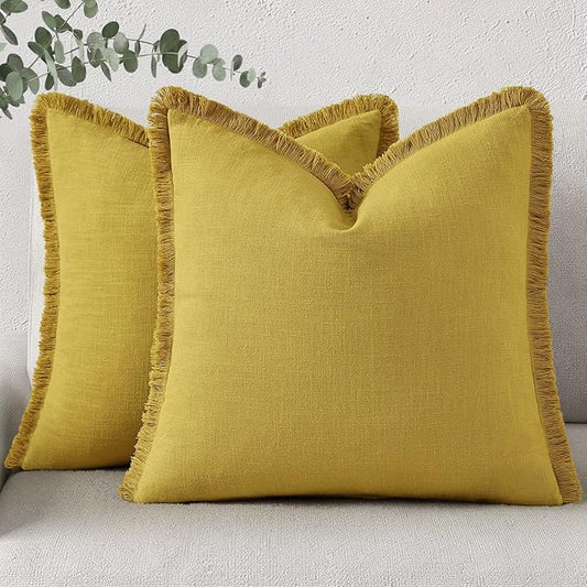 decorUhome Summer Decorative Neutral Linen Fringe Throw Pillow Covers Set of 2 Mustard Yellow Pillow Covers with Tassels Soft Farmhouse Boho Accent Pillow Cases for Couch Bed Sofa 18x18 Inch