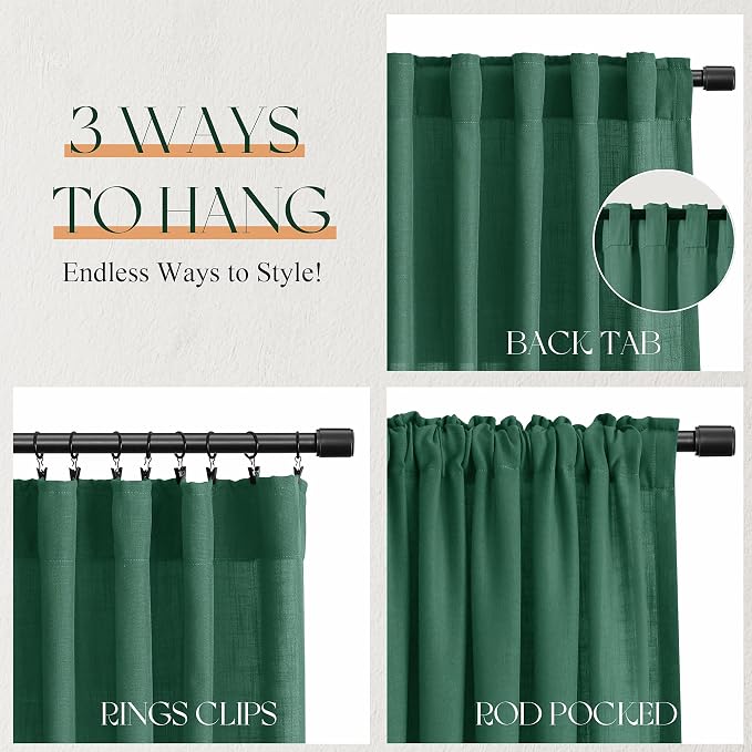 Jowels Emerald Green Linen Curtains 84 Inch Long 2 Panels for Living Room | Light Filtering Semi Sheer Curtain, Back Tab Pocket Pleated Look, Boho Farmhouse Textured Privacy Drapes for Bedroom Window