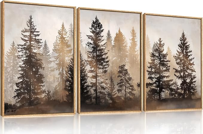 HPNIUB Foggy Forest Framed Wall Art Set, Abstract Misty Woodland Wall Decor,Rustic Neutral Pine Tree Farmhouse Art Print,Modern Nature Landscape Artwork for Living Room, Bedroom,Office-16''x24''x3