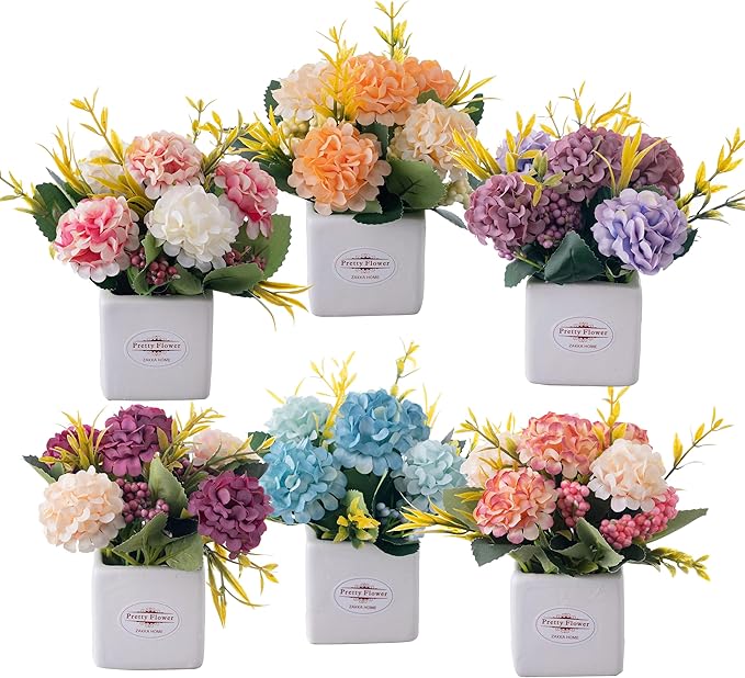 6Pcs Artificial Flowers with Ceramic Pot Small Fake Hydrangea Flowers Arrangements Faux Spring Flowers in Vase Home Spring Decor, Centerpiece Table Decorations for Farmhouse Office Shelf Dining Table