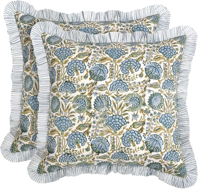 Ridhi Block Print Asparagus Green Throw Pillow Cover 24" x 24" (Pack of 2) Decorative Cushion Covers with Ruffle for Couch, Sofa, Bed, Living Room, Home Decor Gift for Spring, Easter, Valentine
