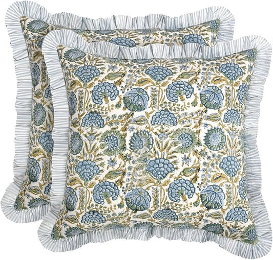 Ridhi Block Print Asparagus Green Throw Pillow Cover 20" x 20" (Pack of 2) Decorative Cushion Covers with Ruffle for Couch, Sofa, Bed, Living Room, Home Decor Gift for Spring, Easter, Valentine