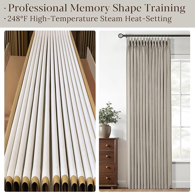 Grey Beige Pleated Linen Curtains 102 Inch Length 2 Panels Set Semi Sheer Light Filtering Tan Brown Window Drapes for Living Room Modern Viral Pinch Pleated Curtains 102 Inches with Hooks Rings Clips