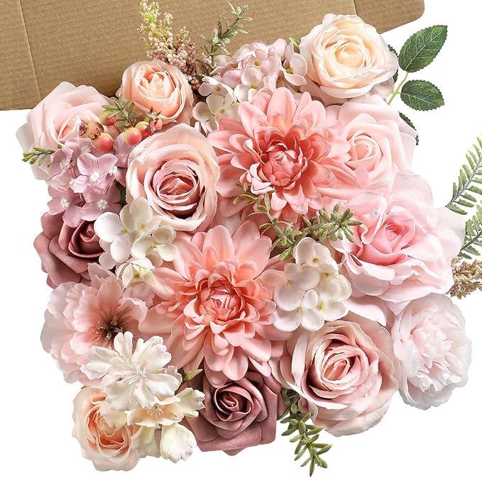 rongflower Artificial Flowers Combo Box Set Silk Flowers Fake Rose for DIY Floral Arrangements Wedding Bouquets Centerpieces Baby Shower Party Home Decorations (Pink)