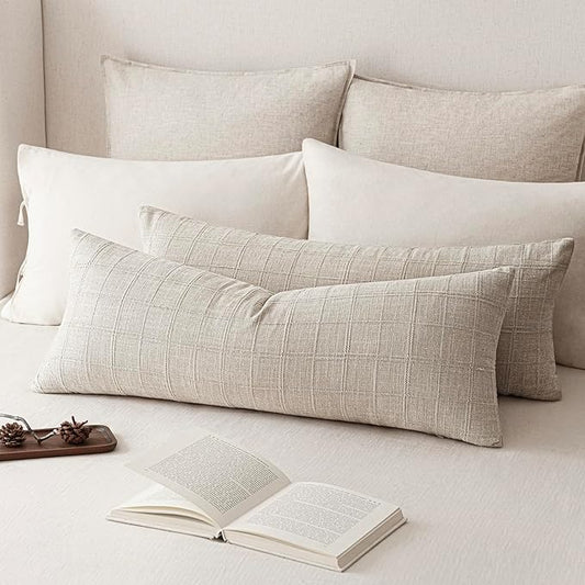 Foindtower Set of 2 Decorative Linen Check Throw Pillow Covers Neutral Farmhouse Vintage Cushion Covers Cozy Modern Coastal Boho Home Decor for Sofa Chair Couch Bed Living Room,14×36 Inch,Light Grey