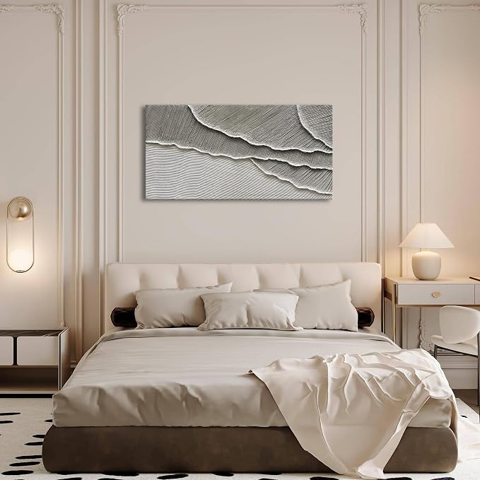 NANKAI Art Hand Painted Wave Landscape Oil Painting Modern Abstract Grey and White Art Painting 24x48 inch Abstract wall Art Deco