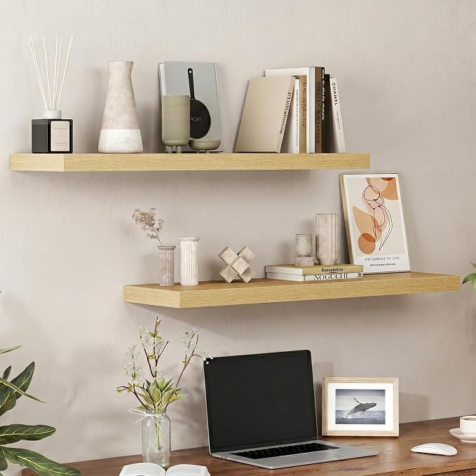 Heimlove Floating Shelves for Wall 36 Inches Long,9.3" Deep Oak Floating Shelf Set of 2,Wall Mounted Shelves for Bathroom Bedroom Living Room Kitchen Office,Shelf for Books Storage,Home Decor