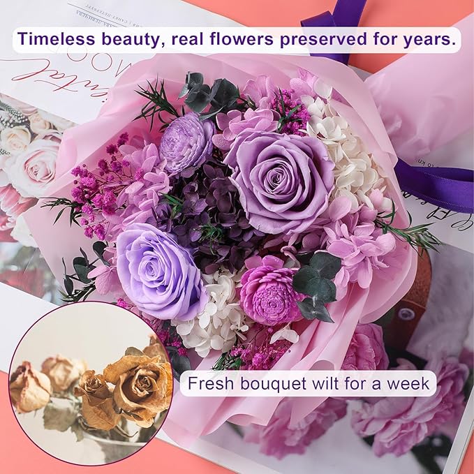 Flowers for Delivery, Preserved Flowers Bouquets – 4 Eternal Purple Roses that Last 2-3 Years,Gift for Mom Grandma Wife on Mother's Day,Forever Birthday Gifts for Women,Home Decor