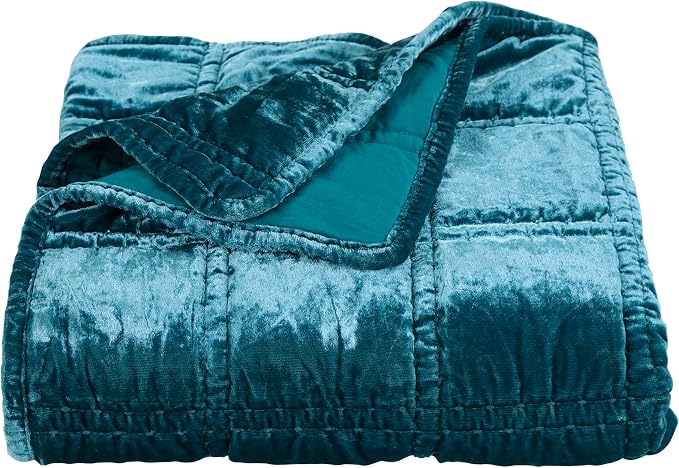 HiEnd Accents Stella Faux Silk Velvet Throw Blanket Teal, 50x60 inch, Double Stitch Plush Soft Cozy Blankets, Luxury Decorative Throws for Couch, Bed, Sofa, Chair