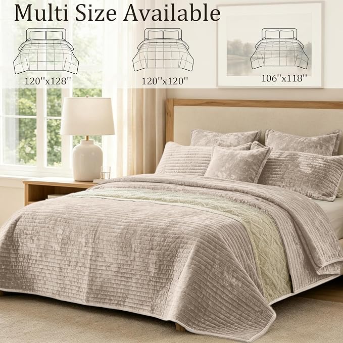 Luxury Velvet Oversized King 120x120 in Quilt Set 3 Piece Quilted Bedspread with 2Pillow Shams(20x36) Ultra Soft Coverlet All Season Bedding for Farmhouse Modern Bedroom Sofa,Beige