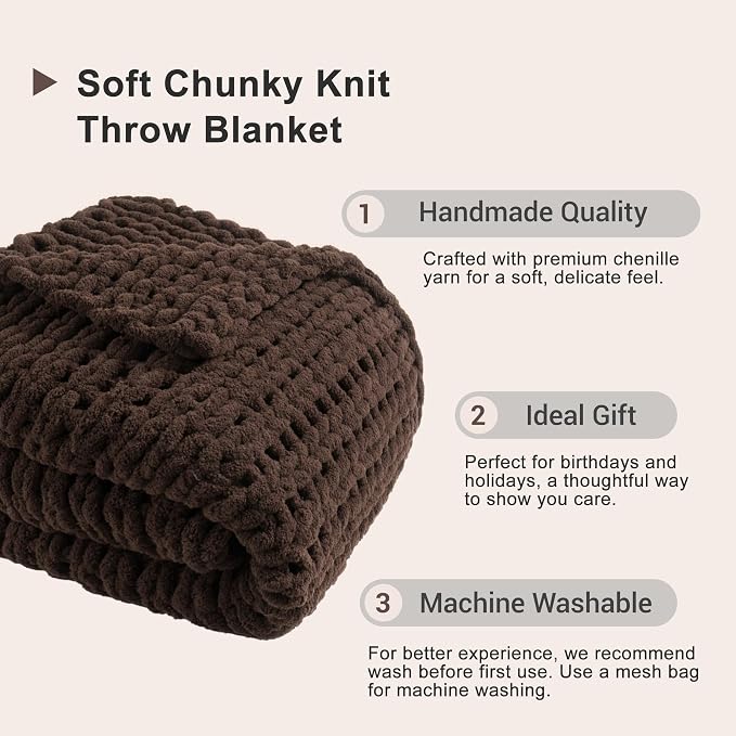 Battilo Brown Chunky Knit Throw Blanket, Soft and Thick Chenille Throw Blanket, 50"x60" Handmade Cable Knit Crochet Blanket, Knot Throw Blankets for Couch Sofa Bed Home Decor (Brown, 50"x60")