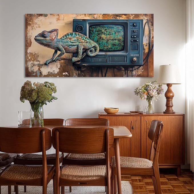 Ggaafet Retro Chameleon Wall Art for Living Room Canvas Painting Prints Rustic TV Television Art Deco Fantasy Artwork Office Bedroom Farmhouse Dining Room Decor Extra Large