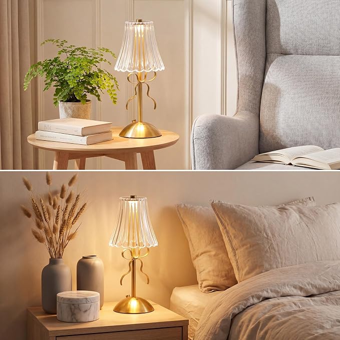 Liliful 2 Pcs Cordless Table Lamp Rechargeable Touch LED Small Gold Portable Battery Operated USB-c Desk Lamp 3 Color Dimmable for Bedroom Living Room Dining (Gold,Bow Rose Style)
