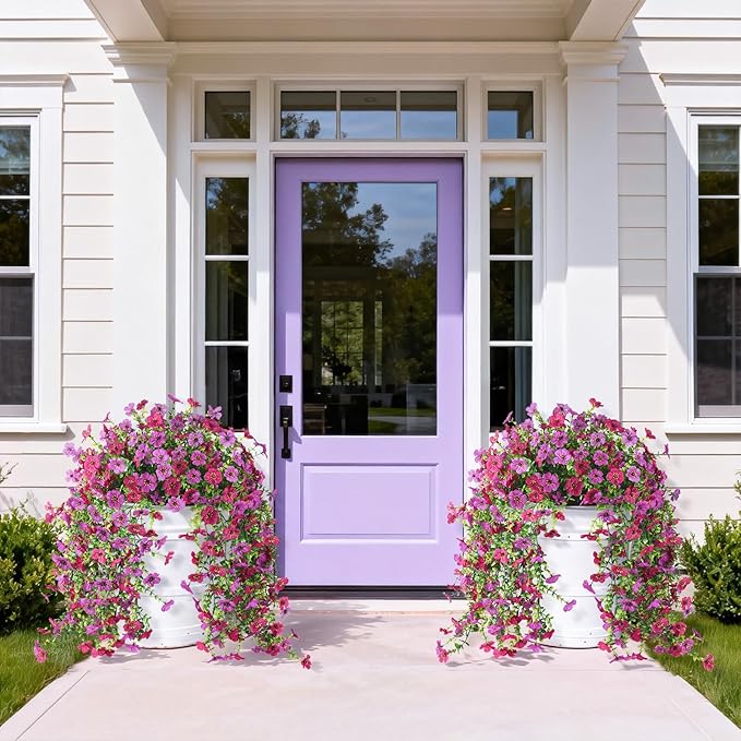 Homsunny Artificial Hanging Flowers for Outdoor, 2PCS Fake Flowers Faux Silk Daisy with Eucalyptus Leaves, UV Resistant Aritificial Flowers for Spring Home Patio Yard Porch Decor (Light Purple Red)