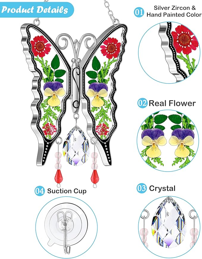 KY&BOSAM Crystal Butterfly Suncatchers Stained Glass Sun Catcher for Window Haning Wind Chime with Dried Flowers and Colorful Rainbow Prisms Charms for Mom Birthday Christmas Decor