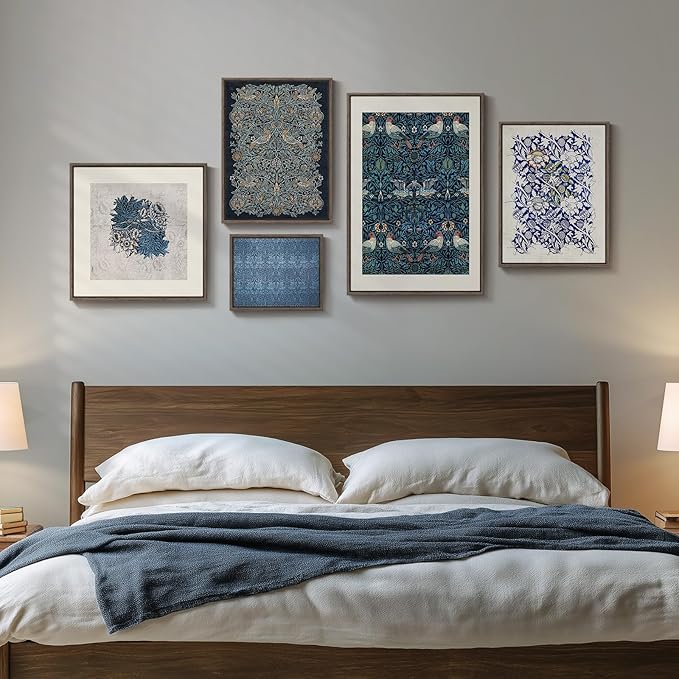 Framed William Morris Wall Art for Living Room, 5 Piece Large Vintage Blue Canvas Prints Set, Floral Botanical and Bird Pattern Aesthetic Decor for Bedroom, Hallway, Home Office, Dining Room, Guest Room