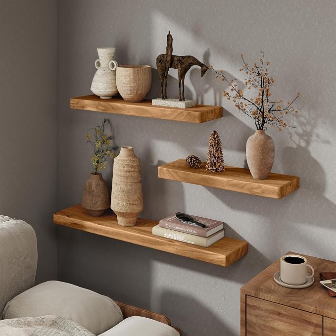 Marsmiles 30 inch Floating Shelves for Wall Solid Elm Wood Shelves|Rustic Wall Mounted Shelves with Heavy-Duty Invisible Bracket for Bathroom Living Room Kitchen|Rounded Edge Design|Natural, 2 Pack