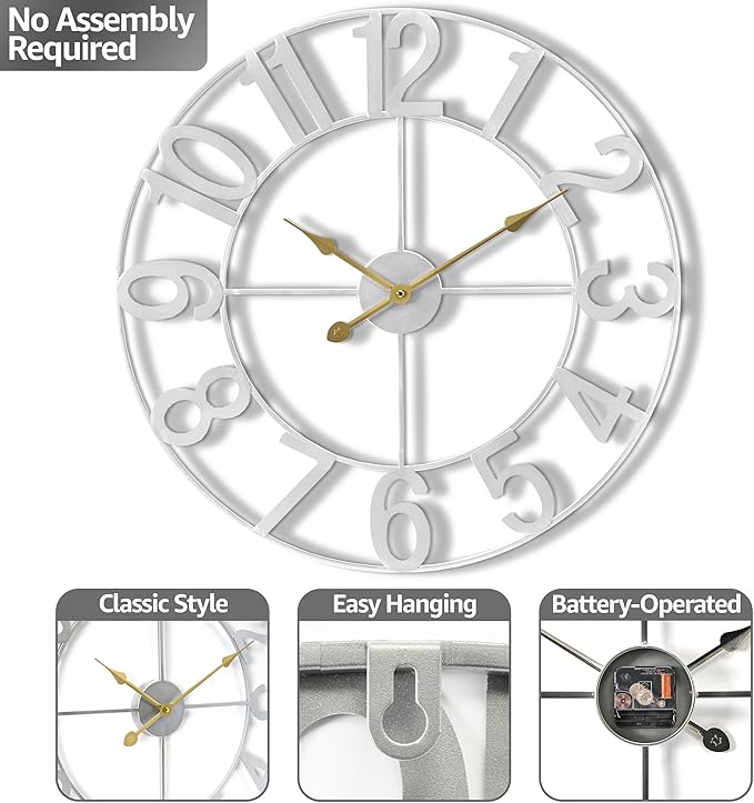 Sorbus Large Wall Clock for Living Room Decor - Wall Clock for Kitchen - 16 inch Big Wall Clock Decorative - Metal Wall Art - Analog Large Clock for Bedroom, Home, Kitchen, Office, Wall Decor (Silver)