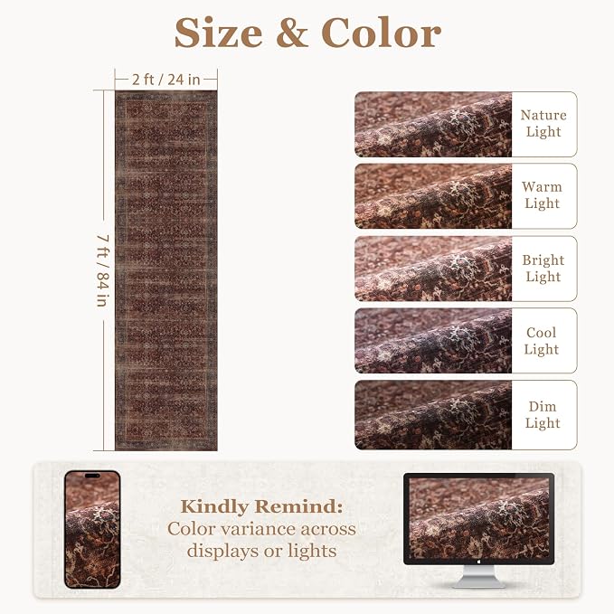 Brick Red 2x7 Hallway Runner Rug Non Slip, Vintage Farmhouse Dark Entryway Rugs for Inside House Mudroom, Ultra Thin Print Kitchen Runners Non Skid Washable, Carpet Runner for Bathroom Bedroom