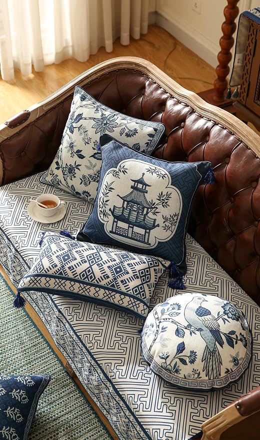 bilin gaier Round Linen Throw Pillow Cover,Set of 2,Diameter 16"-Suqing A | Designer Vintage Elegant Pillow Cover,Concealed Zipper,Blue Floral and Bird Pattern,Sofa,Bedroom,Living Room,Chairs