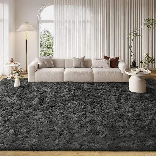 FinRèc 8x10 Feet Rugs for Living Room Bedroom, Soft Dark Grey Fluffy Area Rug, Non-Slip Solid Shag Rug for Nursery Kids Room Dorm Room Home Decor, Indoor Floor Carpet